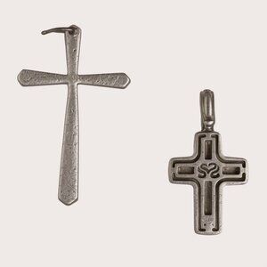Vintage Two Cross Pendants Set - Silver Tone Design Classic Religious